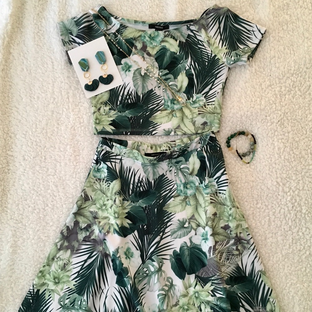 Forever 21 Palm Leave Crop Top and Skirt Set